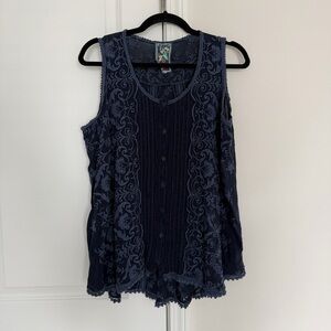 Johnny Was Blue Tank Top Floral Embroidered